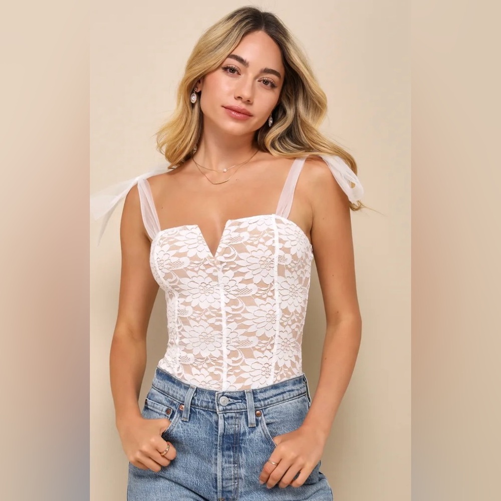 NWT | Lulus Perfect Persona Ivory and Beige Lace Tie-Strap Bodysuit XS